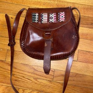 Medium brown leather bag with custom embroidery from Yucatán